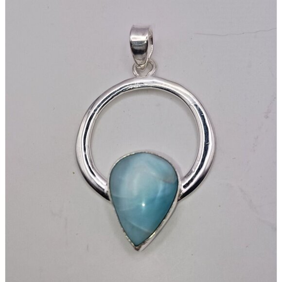 Unbranded Jewelry - Blue Larimar Dolphin Stone Sterling Silver Pendant Circle Raindrop Teardrop